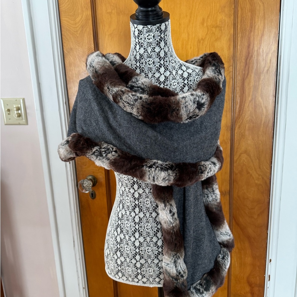 Neiman Marcus Gray Wrap with Brown Faux Fur